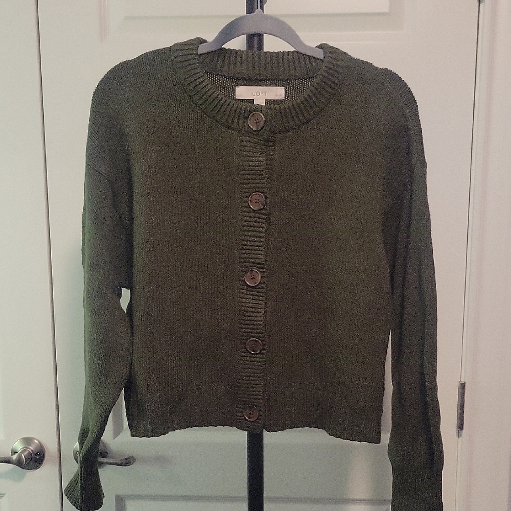 LOFT Olive Green Button-Front Crewneck Cardigan